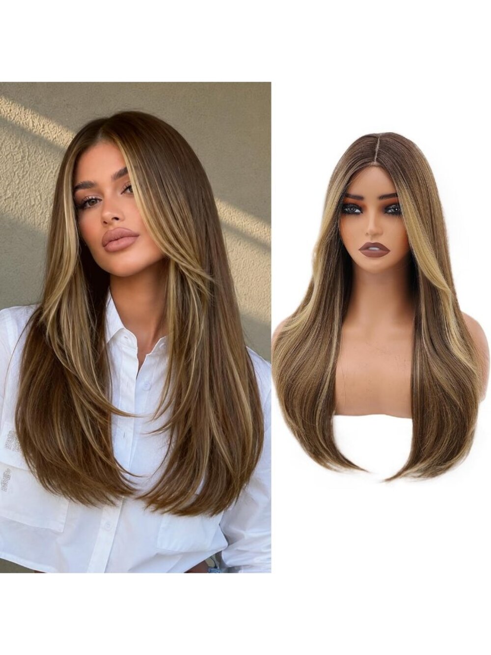 24 Inch Blonde Layered Wig for Women - Realistic Scalp, Free Parting Style